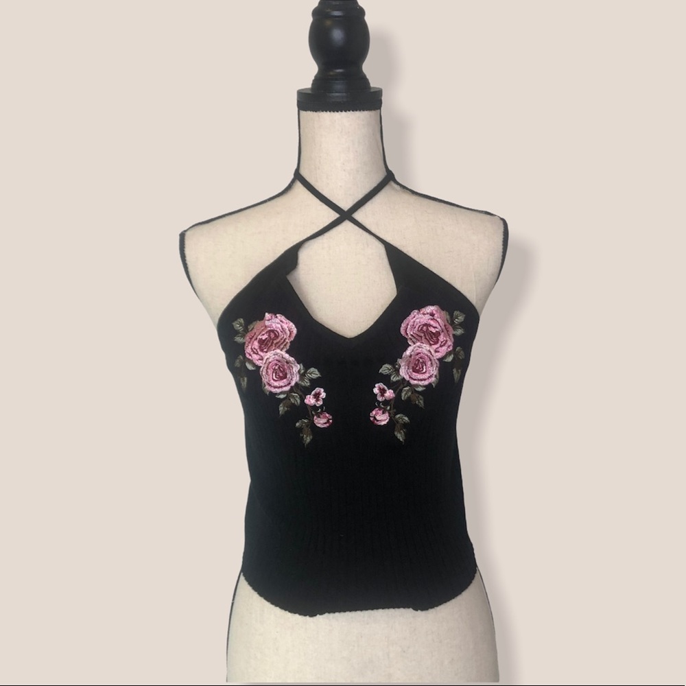 Kendall & Kylie Black Rose Ribbed Tank Top